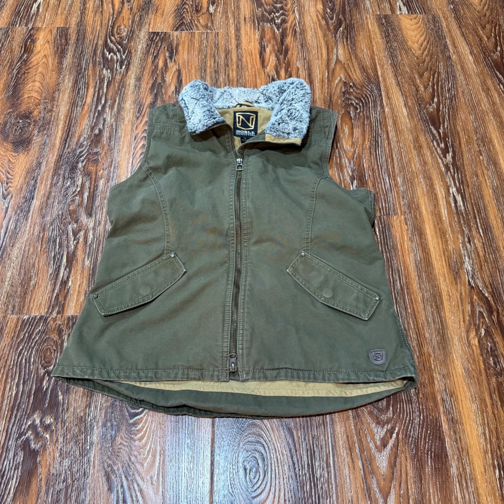 Noble Outfitters M Utility Vest Womens Olive Green Faux Fur Collar Zip